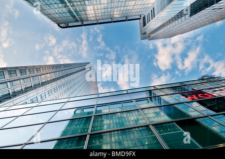 Upwards view of buildings in Canary wharf, London Stock Photo