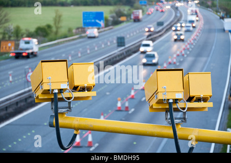 SPECS Average speed camera on the M4; though roadworks with cones on closed lane Stock Photo