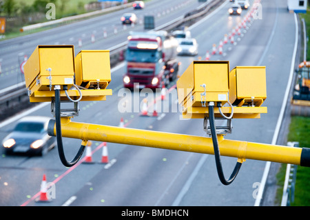 SPECS Average speed camera on the M4; though roadworks with cones on closed lane Stock Photo