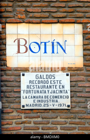 Madrid, Spain. Details of tiled sign on outside wall of Botin Restaurant (17thC, oldest restaurant in Europe) Stock Photo