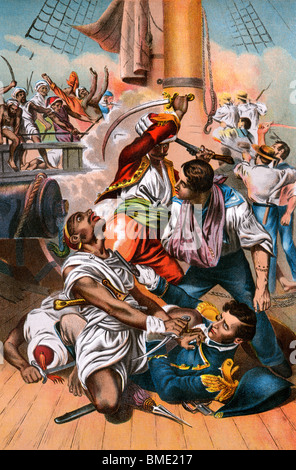 Commodore Stephen Decatur's life saved in a shipboard battle off Algeria. Color lithograph Stock Photo