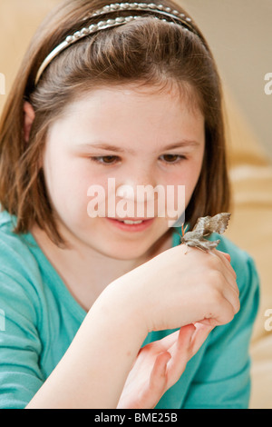 Young girl closely studying a poplar hawk moth on her hand Stock Photo