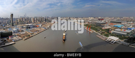 View of 2010 Shanghai World Expo Park construction site along Huangpu River, Pudong, Shanghai, China Stock Photo