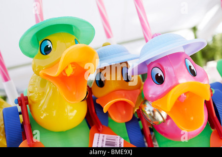 Three brightly colored toy ducks, Spain. Stock Photo