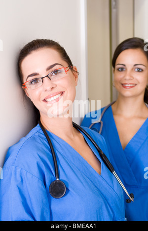 two female medical nurses in the hospital hallway Stock Photo