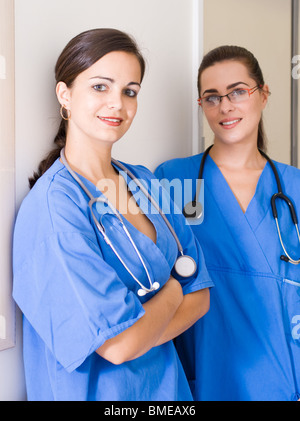 two female medical nurses in the hospital hallway Stock Photo