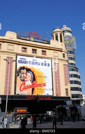 Madrid, Spain. Gran Via / Plaza de Callao. Callao Cinema (showing Casablanca) and Carrion building (right) Stock Photo