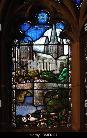 Stained glass depicting the cathedral in the Stanbury Chapel, Hereford Cathedral, Herefordshire, England, UK Stock Photo