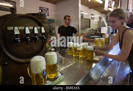 A young woman picking beer jugs in the counter of the Hofbraukeller, a traditional beergarden. Munich, Germany Stock Photo