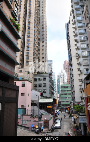 View of the Pak Sing Ancestral Hall, looking down from the steps near the Kwun Yam Temple, Tai Ping Shan Street, Hong Kong Stock Photo