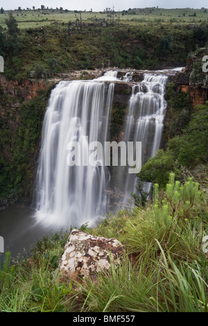 Wide angle view of the cascading Lisbon Falls in the Ukhahlamba-Drakensberg National Park of South Africa Stock Photo