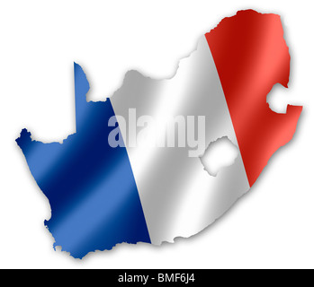 South Africa and France flags waving together on blue cloudy sky, two ...