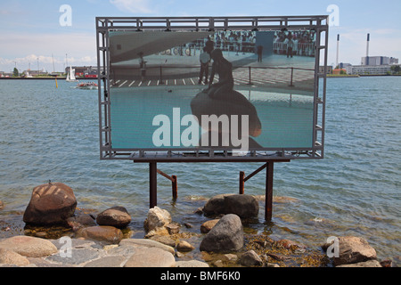 The Little Mermaid in the port of Copenhagen now substituted by live transmission on LED-screen from the EXPO 2010 in Shanghai. Stock Photo