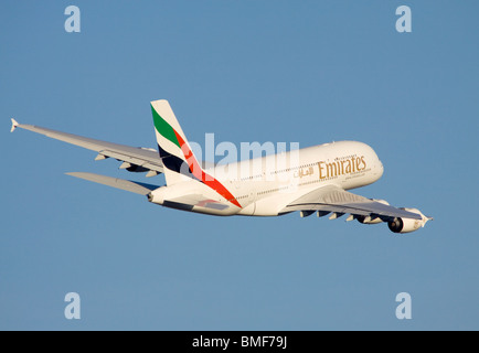 Emirates Airbus A380-861 taking off from London Heathrow Stock Photo