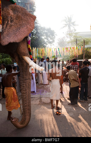 India, Kerala, Kochi, Ernakulam Uthsavom festival, Diwans Road, puja being performed in house gateway Stock Photo