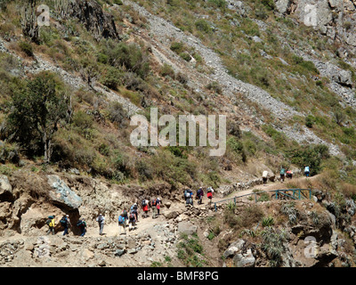 Hikers on the famous Inca Trail to the ancient ruins at Machu Picchu in Peru Stock Photo