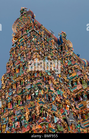 India, Tamil Nadu, Madurai, Sri Meenakshi Temple, newly restored colourful gopuram Stock Photo