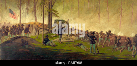 Scene behind the breastworks on Culps Hill, morning of July 3rd 1863, Battle of Gettysburg USA Civil War Stock Photo