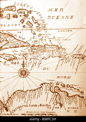 Handwritten ancient map of Caribbean basin from the book of 1678 Stock ...