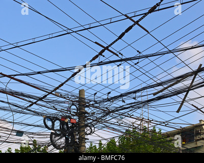 Telegraph pole with bunch of cables in Shanghai, China Stock Photo