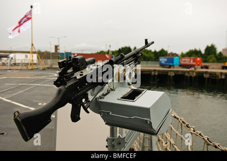 A Fabrique Nationalie FN MAG L44A1 medium machine gun, mounted on a gimble on HMS Monmouth, a type 23 frigate. Stock Photo
