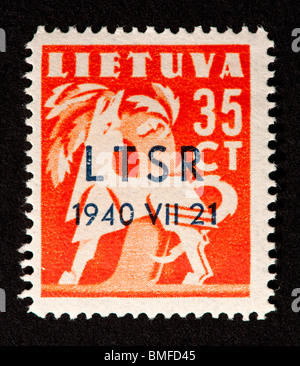 Postage stamp from Lithuania depicting mythical animals (wolf), overprinted for Soviet occupation. Stock Photo