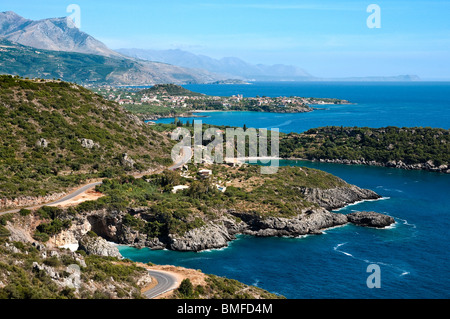 The coast of the Outer Mani, with Stoupa and its acropolis in the middle distance Messinia, Southern Peloponnese, Greece Stock Photo