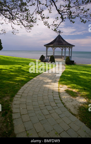 Winding stone path leads to gazebo on the shores of Lake Ontario, Niagara-On-The-Lake, Ontario, Canada Stock Photo