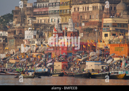 Boats on the River Ganges at the ghats, Varanasi, India Stock Photo