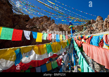 Prayer flags at Nam-tso Lake in Tibet Stock Photo