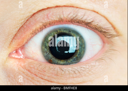 Close up photograph of a young womans dilated pupil Stock Photo