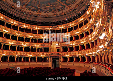 Fondazione Teatro Grande di Brescia. Theatre interior showing the seating  and painted ceiling. Stock Photo