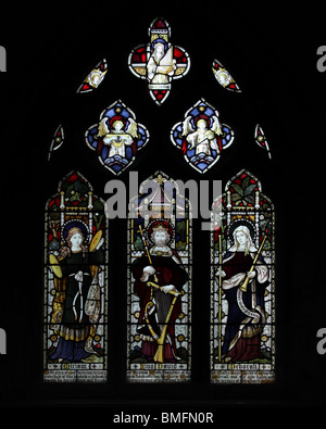 A stained glass window of 1908 by Clayton & Bell depicting Old Testament characters; King David, Saint Miriam and Saint Deborah, Wing Church, Rutland