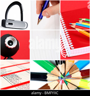 Technology collage: pencils, web camera, calendar, bluetooth Stock Photo