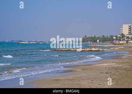 Oroklini beach, Larnaka bay, looking to Larnaka city, Cyprus, Stock Photo