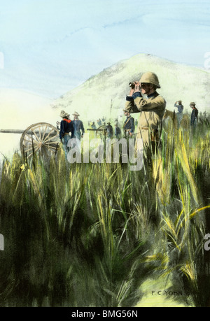 US officers observing artillery barrage of Coamo, Puerto Rico, Spanish-American War, 1898. Hand-colored halftone of an illustration Stock Photo