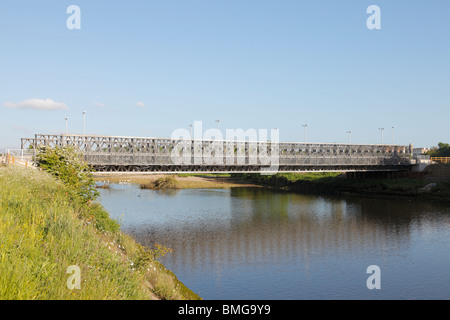 Workington temporary road bridge over the river Derwent. Which replaces the Northside Bridge which collapsed due to flooding. Stock Photo