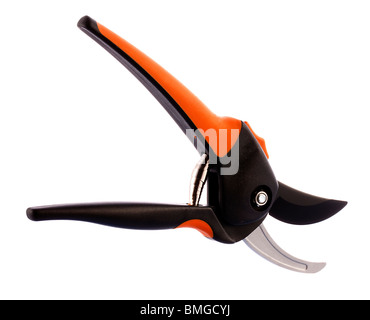 Garden Secateurs with Orange Handel on white background Stock Photo