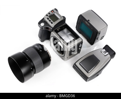 Hasselblad H3DII-39 medium format digital camera with digital back, lens and viewfinder detached from camera body Stock Photo