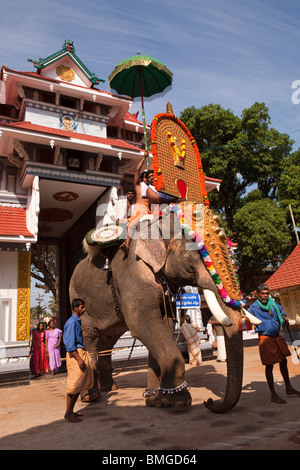 India, Kerala, Koorkancherry, Thaipooya Mahotsavam festival caparisoned elephant inside Sree Maheswara Temple, Stock Photo