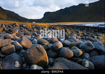 Rocky shoreline at Unstad Beach, Vestvagoy, Lofoten islands, Norway Stock Photo
