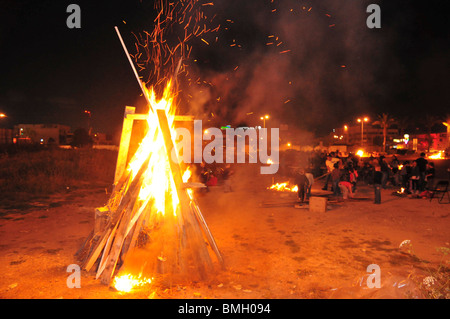 Israel, Haifa, Neve Shaanan, The bonfire during the lag b'omer celebrations Stock Photo