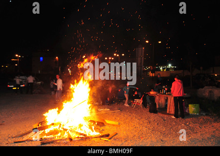 Israel, Haifa, Neve Shaanan The bonfire during the lag b'omer celebrations at mount Meron Stock Photo