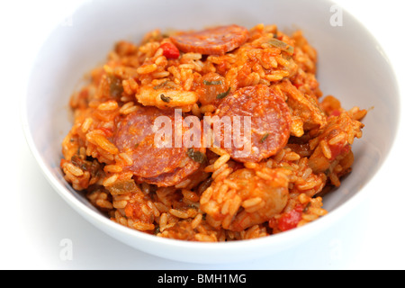 Fresh Spicy Cajun Chicken and Chorizo Sausage Jambalaya Served In A Bowl with No People Stock Photo