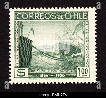 Postage stamp from Chile depicting shipping at Valparaiso. Stock Photo