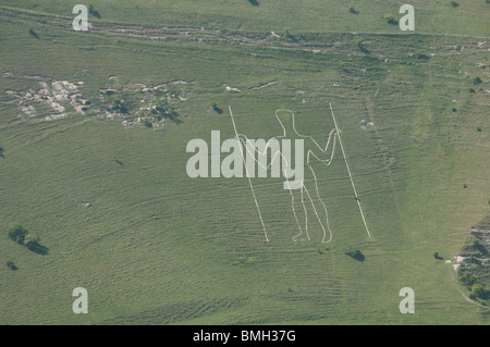 aerial photograph of the long man of Wilmington chalk drawing on the South Downs, Sussex, England Stock Photo