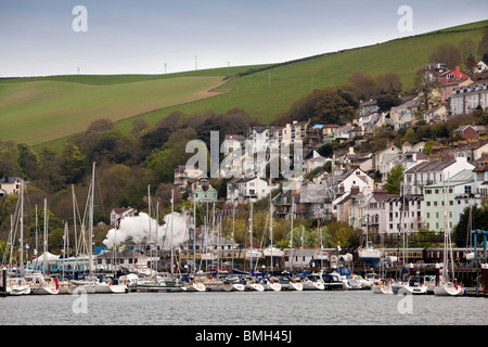 UK, England, Devon, Kingswear, steam train running alongside River Dart Stock Photo