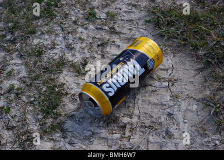 Empty can of Lager Beer discarded in wilderness Stock Photo