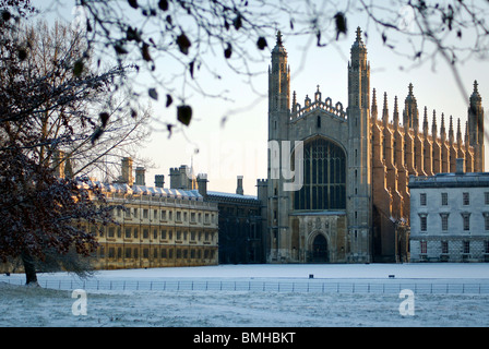 Kings College Cambridge, in the snow, early morning. Framed by trees, taken from the Backs Stock Photo