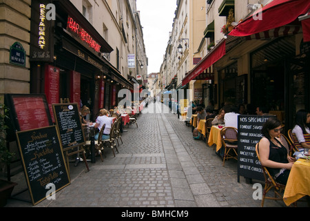 Restaurant terraces in Mouffetard district, Paris, France Stock Photo